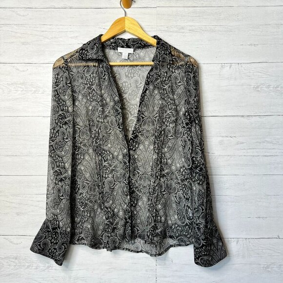 Charter Club Blouse Womens Size 8P Black Sheer Paisley Floral 100% Silk Goth - Picture 1 of 16